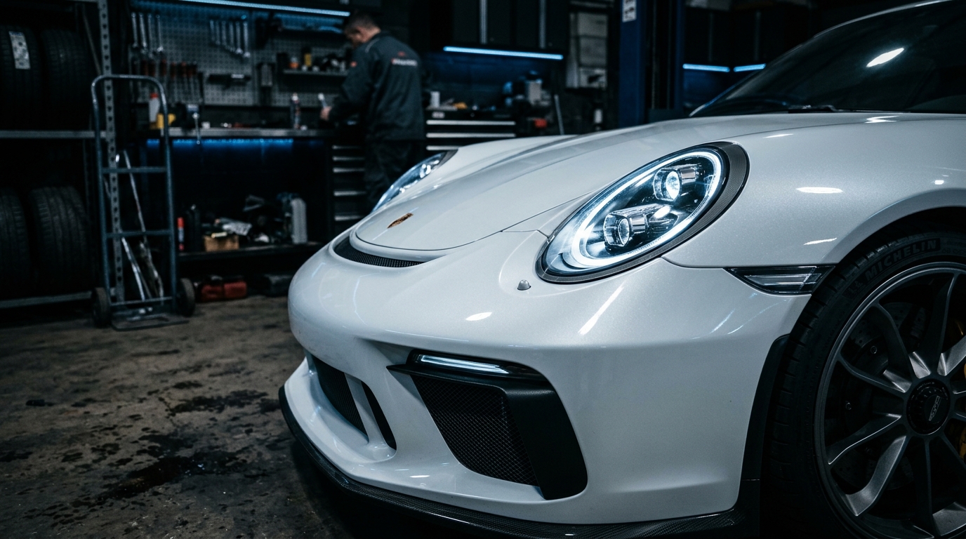 Luxury car headlights in workshop
